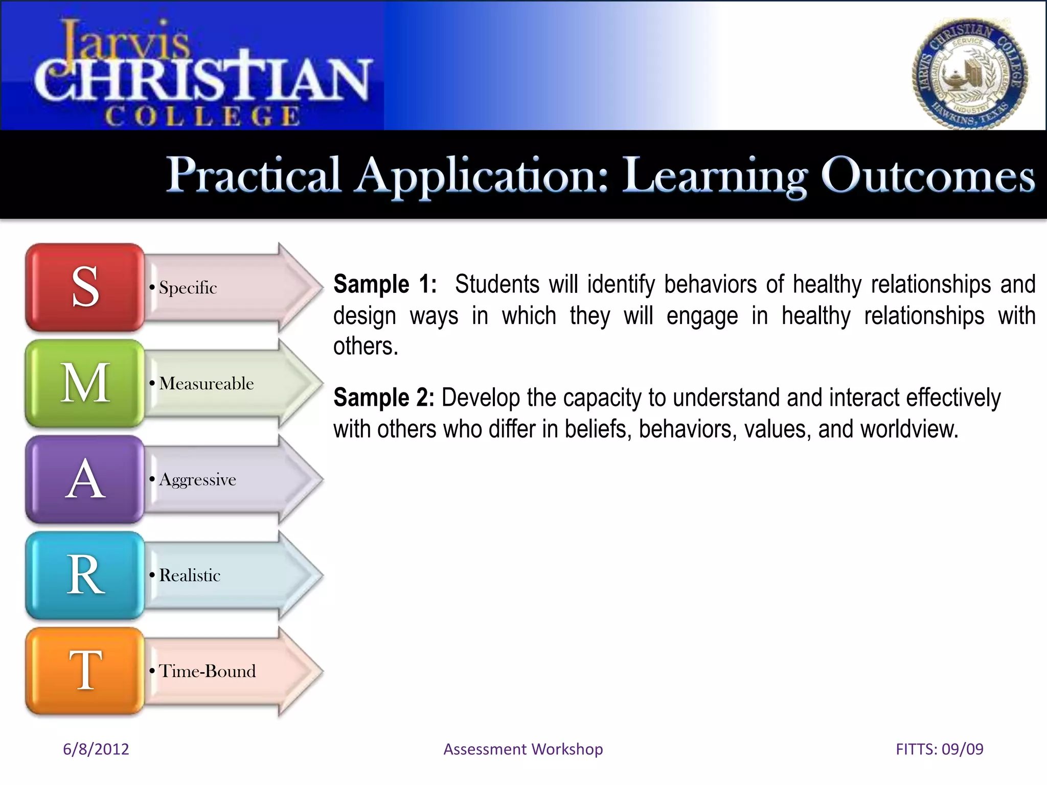 S          •Specific      Sample 1: Students will identify behaviors of healthy relationships and
                          design ways in which they will engage in healthy relationships with
                          others.
M          •Measureable
                          Sample 2: Develop the capacity to understand and interact effectively
                          with others who differ in beliefs, behaviors, values, and worldview.

A          •Aggressive




R          •Realistic




T          •Time-Bound



6/8/2012                             Assessment Workshop                            FITTS: 09/09
 