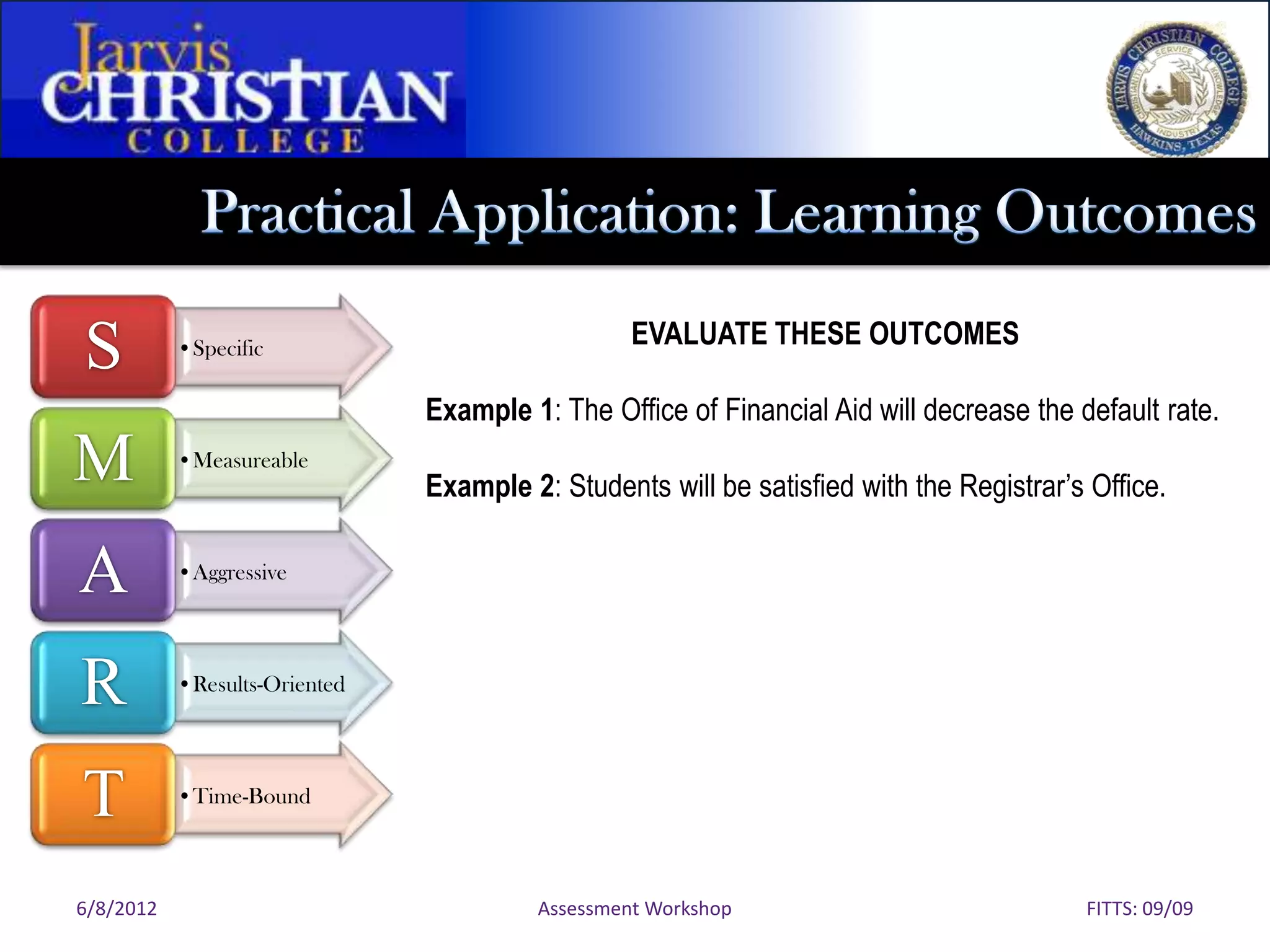 EVALUATE THESE OUTCOMES
S          •Specific

                               Example 1: The Office of Financial Aid will decrease the default rate.
M          •Measureable
                               Example 2: Students will be satisfied with the Registrar’s Office.


A          •Aggressive




R          •Results-Oriented




T          •Time-Bound



6/8/2012                                 Assessment Workshop                             FITTS: 09/09
 