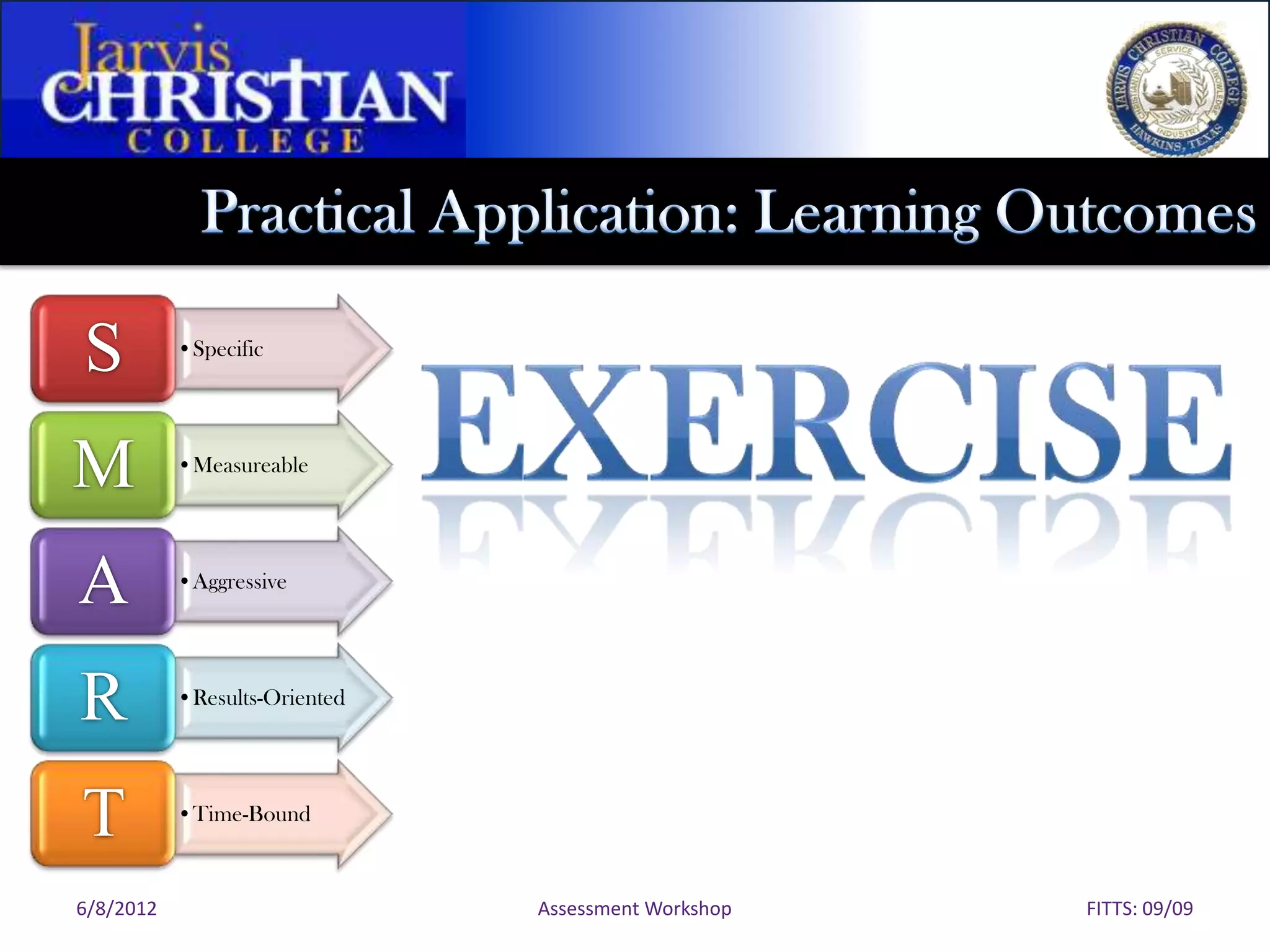 S          •Specific




M          •Measureable




A          •Aggressive




R          •Results-Oriented




T          •Time-Bound



6/8/2012                       Assessment Workshop   FITTS: 09/09
 