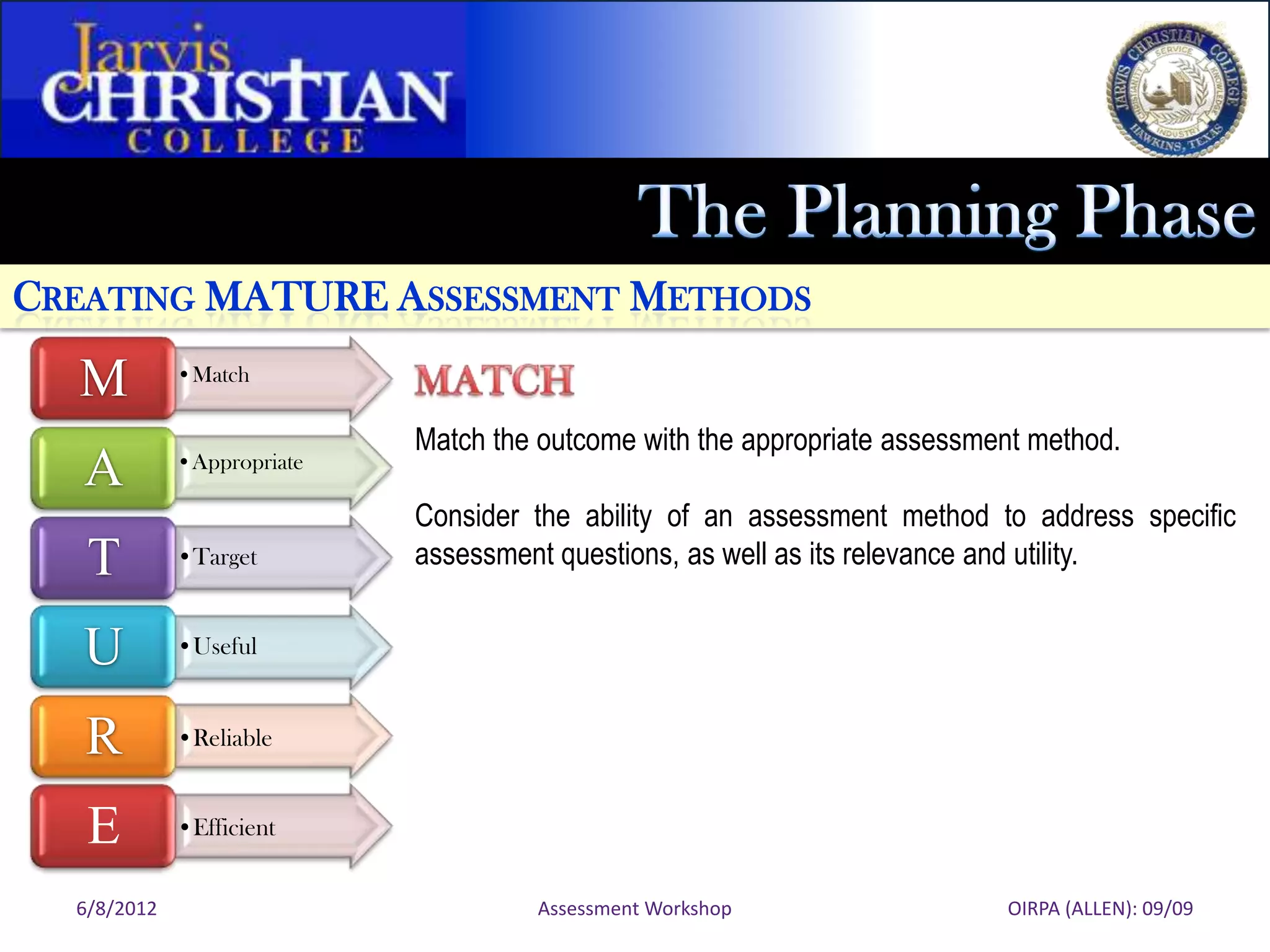 CREATING MATURE ASSESSMENT METHODS

  M          •Match

                            Match the outcome with the appropriate assessment method.
   A         •Appropriate

                            Consider the ability of an assessment method to address specific
   T         •Target        assessment questions, as well as its relevance and utility.


   U         •Useful



   R         •Reliable


   E         •Efficient


  6/8/2012                           Assessment Workshop                   OIRPA (ALLEN): 09/09
 