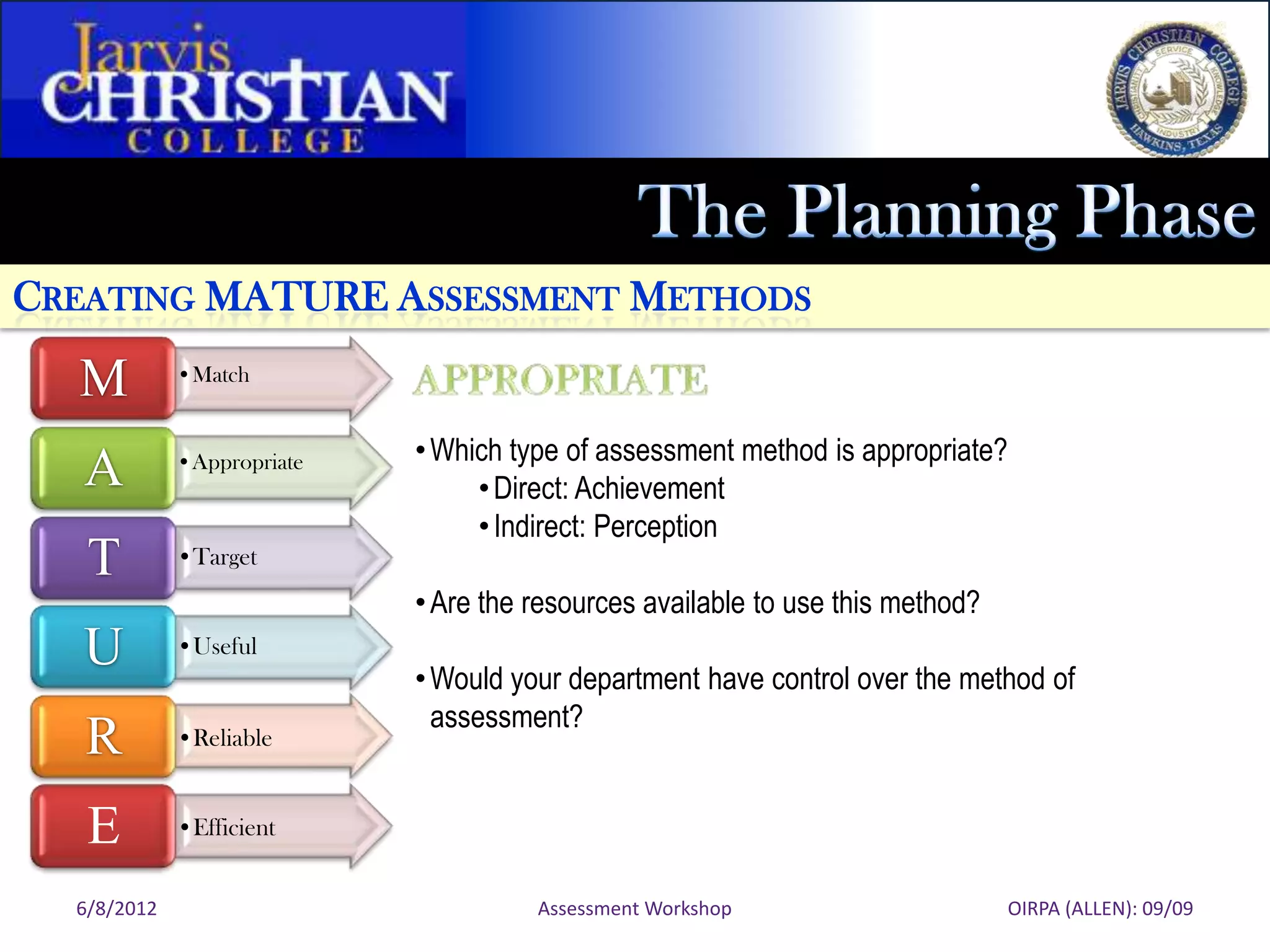 CREATING MATURE ASSESSMENT METHODS

  M          •Match


                            • Which type of assessment method is appropriate?
   A         •Appropriate
                                 • Direct: Achievement
                                 • Indirect: Perception
   T         •Target
                            • Are the resources available to use this method?
   U         •Useful
                            • Would your department have control over the method of
                              assessment?
   R         •Reliable


   E         •Efficient


  6/8/2012                            Assessment Workshop                       OIRPA (ALLEN): 09/09
 