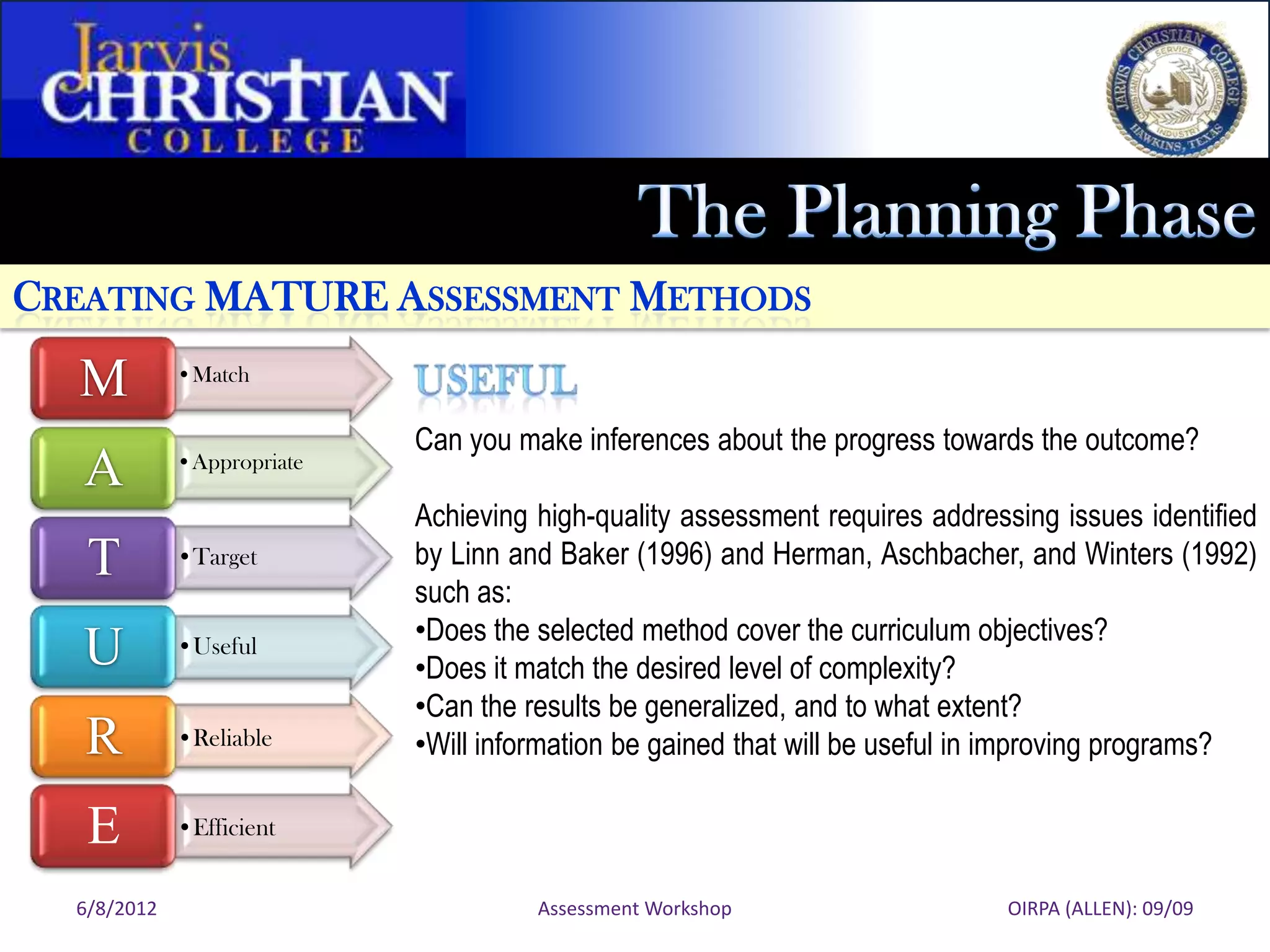 CREATING MATURE ASSESSMENT METHODS

  M          •Match

                            Can you make inferences about the progress towards the outcome?
   A         •Appropriate

                            Achieving high-quality assessment requires addressing issues identified
   T         •Target        by Linn and Baker (1996) and Herman, Aschbacher, and Winters (1992)
                            such as:
                            •Does the selected method cover the curriculum objectives?
   U         •Useful
                            •Does it match the desired level of complexity?
                            •Can the results be generalized, and to what extent?
   R         •Reliable      •Will information be gained that will be useful in improving programs?

   E         •Efficient


  6/8/2012                            Assessment Workshop                    OIRPA (ALLEN): 09/09
 