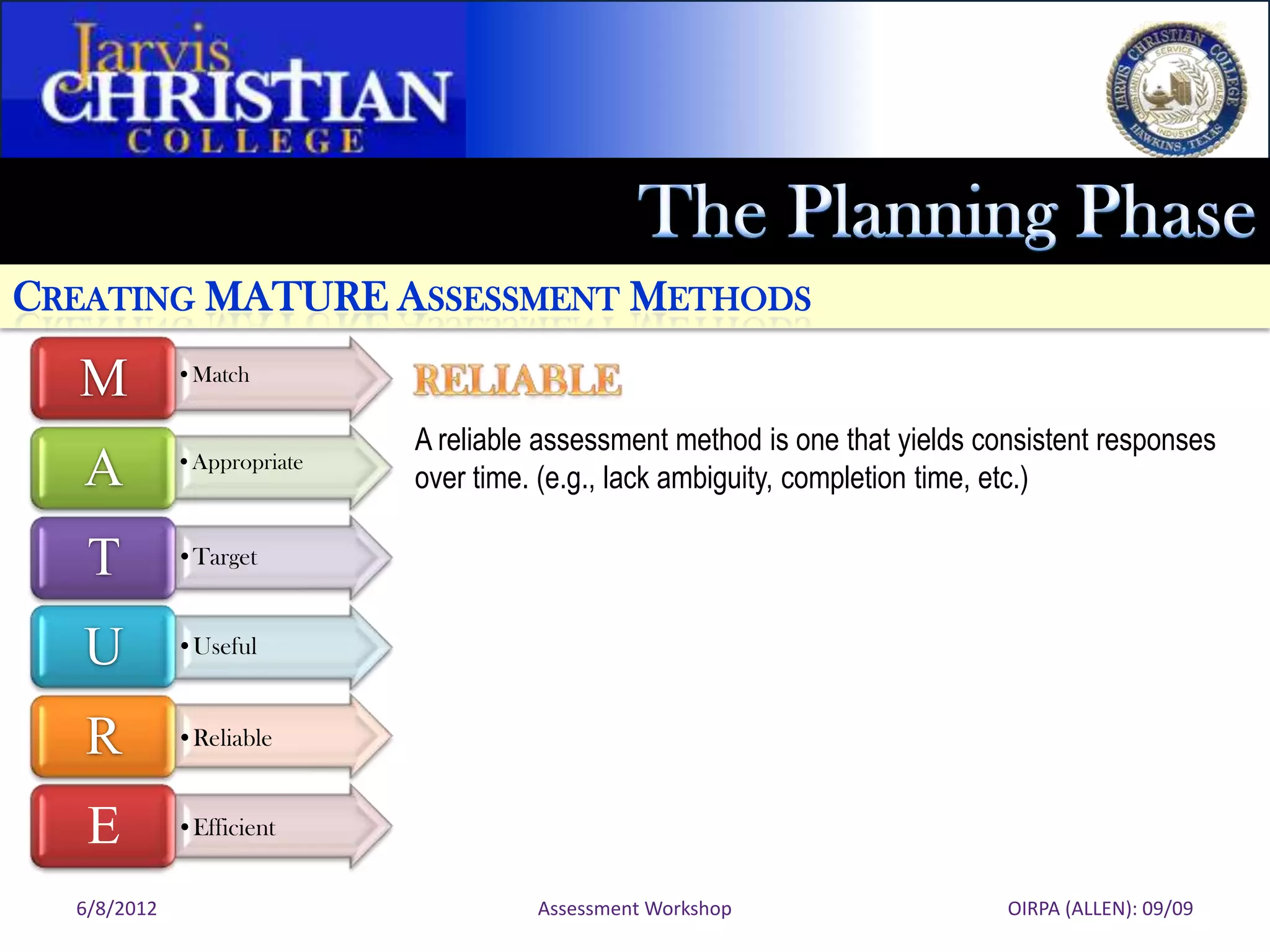 CREATING MATURE ASSESSMENT METHODS

  M          •Match

                            A reliable assessment method is one that yields consistent responses
   A         •Appropriate
                            over time. (e.g., lack ambiguity, completion time, etc.)

   T         •Target



   U         •Useful



   R         •Reliable


   E         •Efficient


  6/8/2012                            Assessment Workshop                     OIRPA (ALLEN): 09/09
 