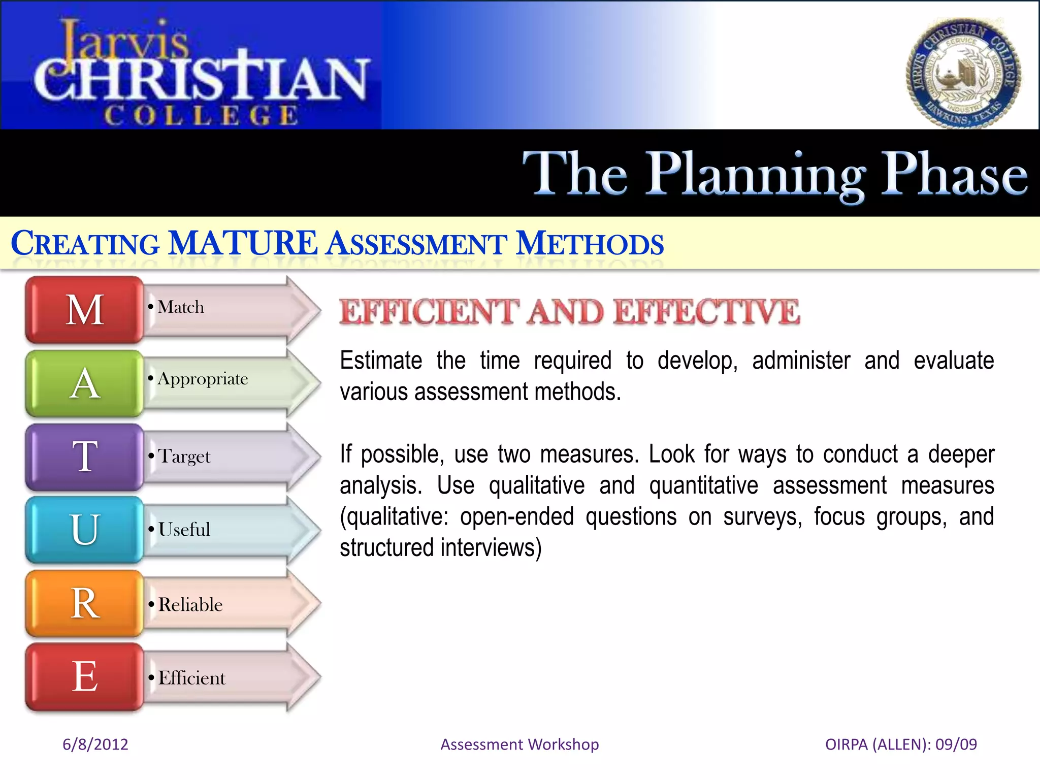 CREATING MATURE ASSESSMENT METHODS

  M          •Match

                            Estimate the time required to develop, administer and evaluate
   A         •Appropriate
                            various assessment methods.

   T         •Target        If possible, use two measures. Look for ways to conduct a deeper
                            analysis. Use qualitative and quantitative assessment measures
                            (qualitative: open-ended questions on surveys, focus groups, and
   U         •Useful
                            structured interviews)

   R         •Reliable


   E         •Efficient


  6/8/2012                           Assessment Workshop                   OIRPA (ALLEN): 09/09
 