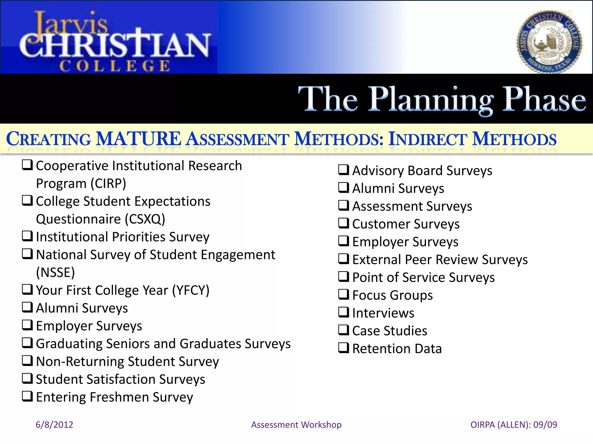 CREATING MATURE ASSESSMENT METHODS: INDIRECT METHODS
  Cooperative Institutional Research                  Advisory Board Surveys
   Program (CIRP)                                      Alumni Surveys
  College Student Expectations                        Assessment Surveys
   Questionnaire (CSXQ)                                Customer Surveys
  Institutional Priorities Survey                     Employer Surveys
  National Survey of Student Engagement               External Peer Review Surveys
   (NSSE)                                              Point of Service Surveys
  Your First College Year (YFCY)                      Focus Groups
  Alumni Surveys                                      Interviews
  Employer Surveys                                    Case Studies
  Graduating Seniors and Graduates Surveys            Retention Data
  Non-Returning Student Survey
  Student Satisfaction Surveys
  Entering Freshmen Survey
   6/8/2012                         Assessment Workshop                   OIRPA (ALLEN): 09/09
 