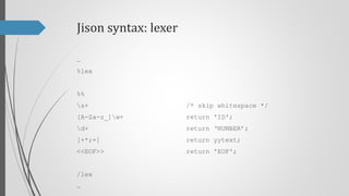 Jison syntax: lexer
…

%lex
%%
s+

/* skip whitespace */

[A-Za-z_]w+

return 'ID';

d+

return ‘NUMBER’;

[+*;=]

return yytext;

<<EOF>>

return 'EOF';

/lex
…

 