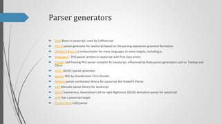 Parser generators


jison Bison in javascript, used by Coffeescript



PEG.js parser generator for JavaScript based on the parsing expression grammar formalism



OMeta/JS (source) metacompiler for many languages to many targets, including js.



languagejs - PEG parser written in JavaScript with first class errors



Canopy Self-hosting PEG parser compiler for JavaScript, influenced by Ruby parser generators such as Treetop and
Citrus



JS/CC LALR(1) parser generator



jsparse PEG by Grandmaster Chris Double



ReParse parser combinator library for Javascript like Haskell's Parsec



p4js Monadic parser library for JavaScript



JSGLR Scannerless, Generalized Left-to-right Rightmost (SGLR) derivation parser for JavaScript



antlr has a javascript target



Cruiser.Parse LL(k) parser

 