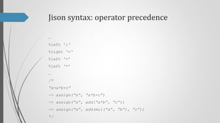 Jison syntax: rules
%start program
program
: stmt* EOF { return $1 }
;
stmt
: expr ‘;’ -> $1
;
expr
: expression "+" expre...