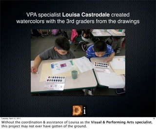 VPA specialist Louisa Castrodale created
                 watercolors with the 3rd graders from the drawings




Tuesday, April 12, 2011                                                                       10

Without the coordination & assistance of Louisa as the Visual & Performing Arts specialist,
this project may not ever have gotten of the ground.
 