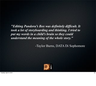 "Editing Pandora’s Box was definitely difficult. It
                   took a lot of storyboarding and thinking. I tried to
                   put my words in a child’s brain so they could
                   understand the meaning of the whole story."

                                     -Taylor Burns, DATA Di Sophomore




Tuesday, April 12, 2011                                                   22
 