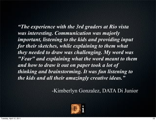 “The experience with the 3rd graders at Rio vista
                   was interesting. Communication was majorly
                   important, listening to the kids and providing input
                   for their sketches, while explaining to them what
                   they needed to draw was challenging. My word was
                   "Fear" and explaining what the word meant to them
                   and how to draw it out on paper took a lot of
                   thinking and brainstorming. It was fun listening to
                   the kids and all their amazingly creative ideas.”

                                 -Kimberlyn Gonzalez, DATA Di Junior



Tuesday, April 12, 2011                                                   23
 