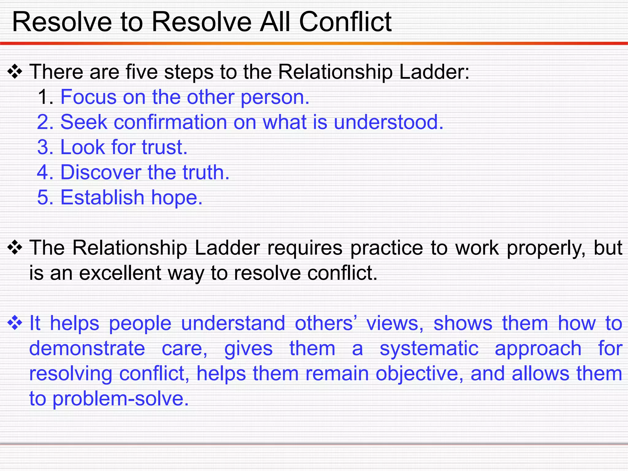 Resolve to Resolve All Conflict
 There are five steps to the Relationship Ladder:
1. Focus on the other person.
2. Seek confirmation on what is understood.
3. Look for trust.
4. Discover the truth.
5. Establish hope.
 The Relationship Ladder requires practice to work properly, but
is an excellent way to resolve conflict.
 It helps people understand others’ views, shows them how to
demonstrate care, gives them a systematic approach for
resolving conflict, helps them remain objective, and allows them
to problem-solve.
 
