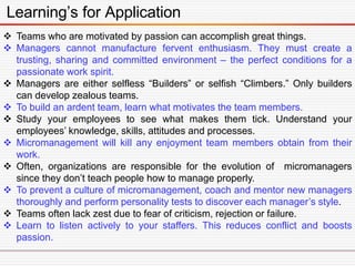 Learning’s for Application
 Teams who are motivated by passion can accomplish great things.
 Managers cannot manufacture...