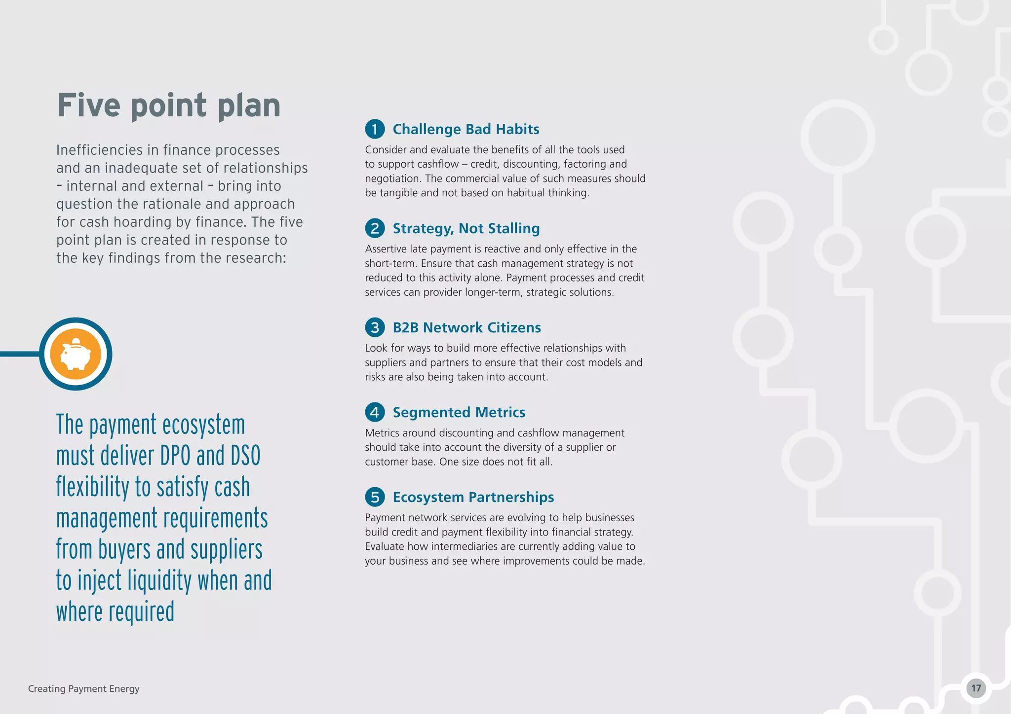The payment ecosystem
must deliver DPO and DSO
flexibility to satisfy cash
management requirements
from buyers and suppliers
to inject liquidity when and
where required
	 Challenge Bad Habits
Consider and evaluate the benefits of all the tools used
to support cashflow – credit, discounting, factoring and
negotiation. The commercial value of such measures should
be tangible and not based on habitual thinking.
	 Strategy, Not Stalling
Assertive late payment is reactive and only effective in the
short-term. Ensure that cash management strategy is not
reduced to this activity alone. Payment processes and credit
services can provider longer-term, strategic solutions.
	 B2B Network Citizens
Look for ways to build more effective relationships with
suppliers and partners to ensure that their cost models and
risks are also being taken into account.
	 Segmented Metrics
Metrics around discounting and cashflow management
should take into account the diversity of a supplier or
customer base. One size does not fit all.
	 Ecosystem Partnerships
Payment network services are evolving to help businesses
build credit and payment flexibility into financial strategy.
Evaluate how intermediaries are currently adding value to
your business and see where improvements could be made.
Five point plan
Inefficiencies in finance processes
and an inadequate set of relationships
– internal and external – bring into
question the rationale and approach
for cash hoarding by finance. The five
point plan is created in response to
the key findings from the research:
Creating Payment Energy 17
 