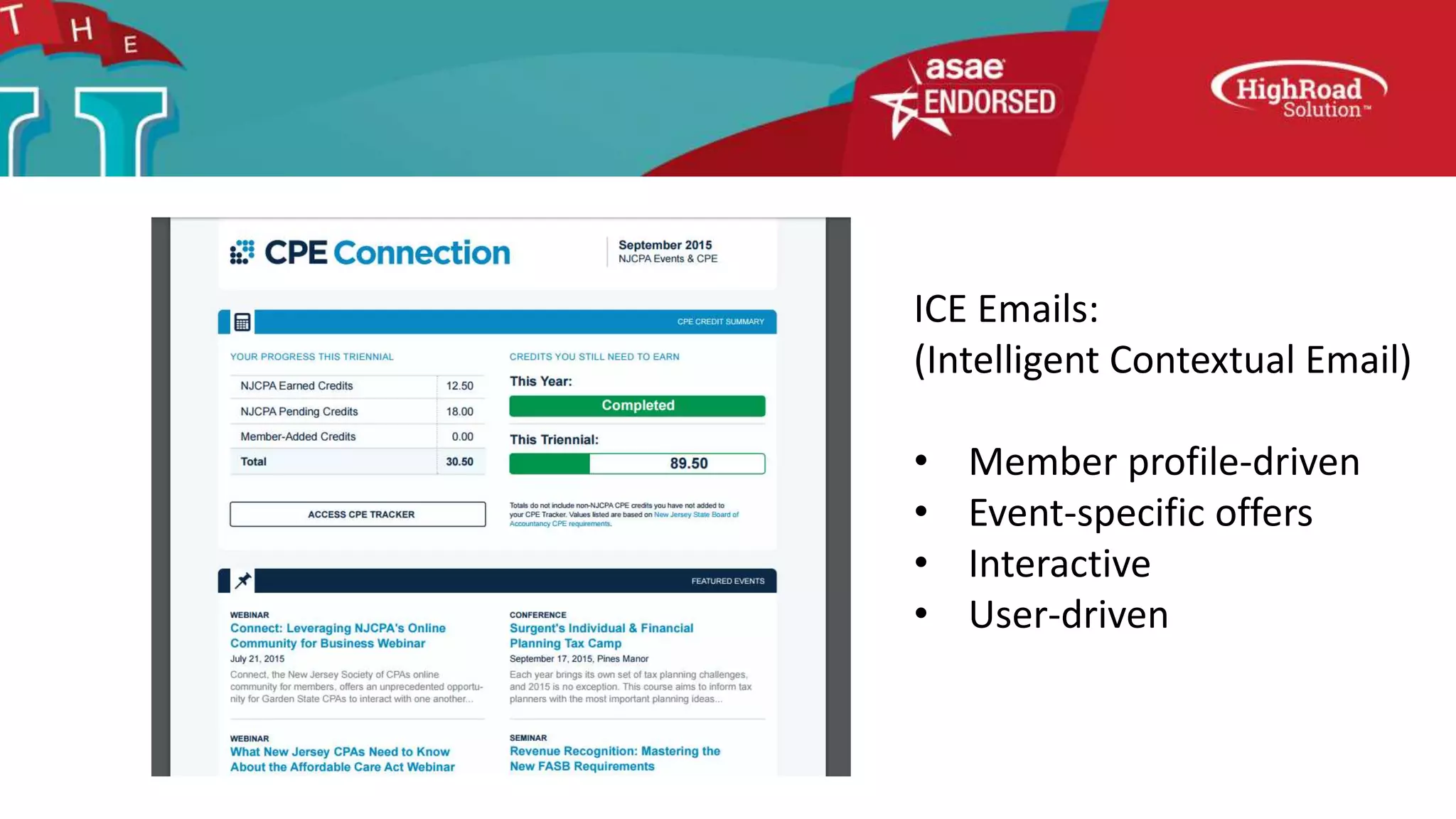 ICE Emails:
(Intelligent Contextual Email)
• Member profile-driven
• Event-specific offers
• Interactive
• User-driven
 
