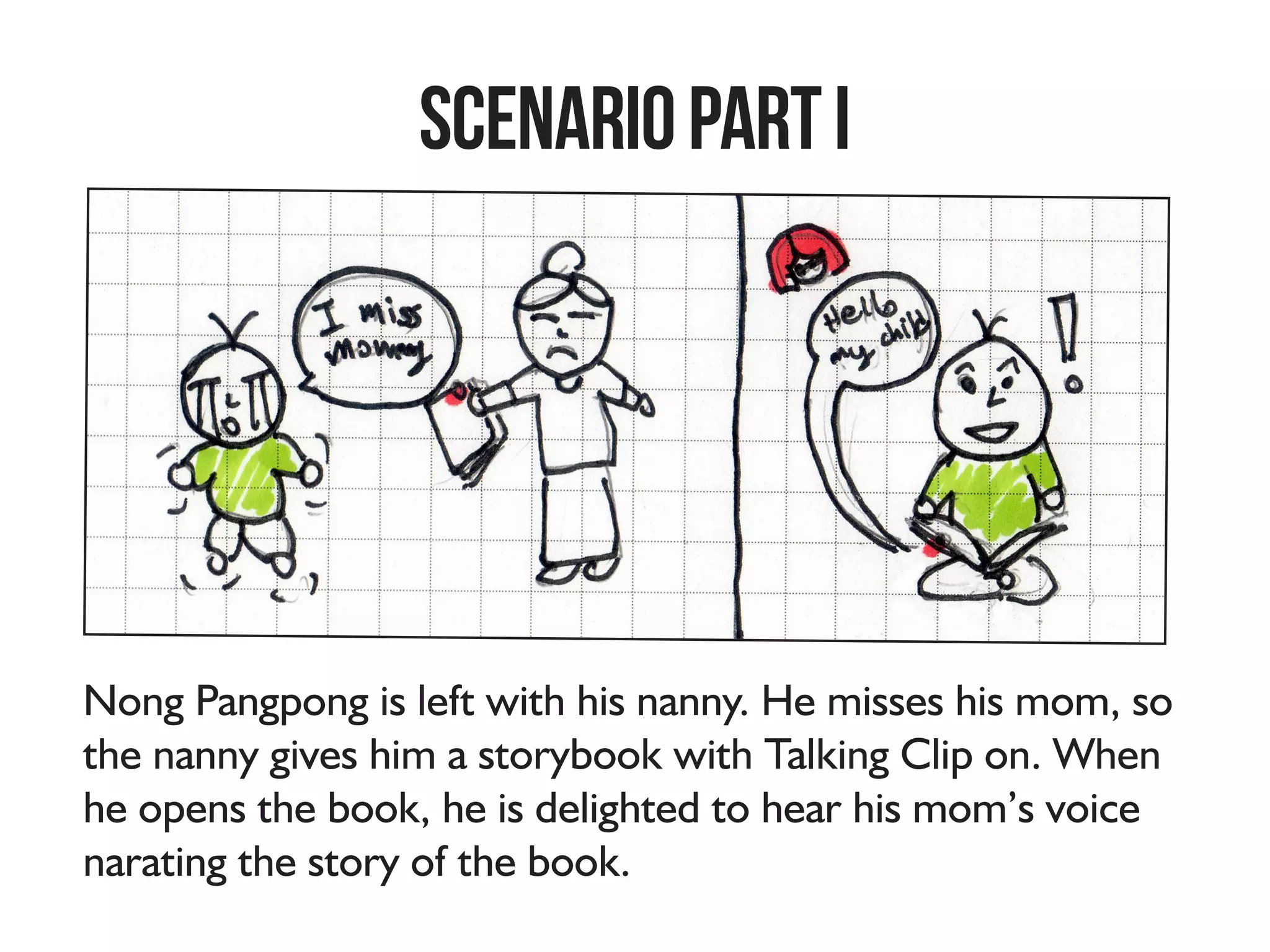 ScenarioPartI
Nong Pangpong is left with his nanny. He misses his mom, so
the nanny gives him a storybook with Talking Clip on. When
he opens the book, he is delighted to hear his mom’s voice
narating the story of the book.
 