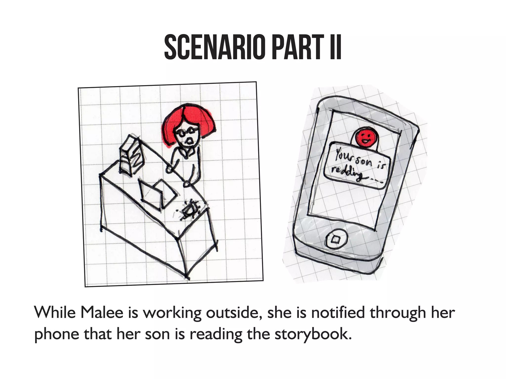 ScenarioPartII
While Malee is working outside, she is notified through her
phone that her son is reading the storybook.
 