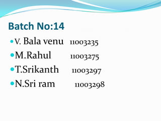 Batch No:14
 V. Bala venu 11003235
M.Rahul       11003275
T.Srikanth     11003297
N.Sri ram      11003298
 
