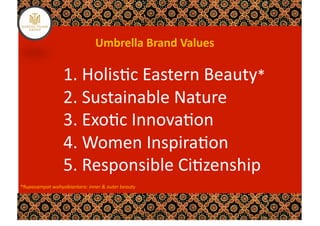  Umbrella	
  Brand	
  Values	
  

                        1.	
  Holis%c	
  Eastern	
  Beauty*	
  
                        2.	
  Sustainable	
  Nature	
  
                        3.	
  Exo%c	
  Innova%on	
  
                        4.	
  Women	
  Inspira%on	
  
                        5.	
  Responsible	
  Ci%zenship	
  
*Rupasampat	
  wahyabiantara:	
  inner	
  &	
  outer	
  beauty	
  
 