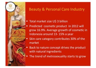 Beauty	
  &	
  Personal	
  Care	
  Industry	
  

  Total	
  market	
  size	
  U$	
  3	
  billion	
  
  Predicted	
  	
  cosme%c	
  product	
  	
  in	
  2012	
  will	
  
   grow	
  16.9%.	
  Average	
  growth	
  of	
  cosme%c	
  in	
  
   Indonesia	
  around	
  13-­‐	
  15%	
  a	
  year	
  
  Skin	
  care	
  category	
  contributes	
  30%	
  of	
  the	
  
   market	
  
  Back	
  to	
  nature	
  concept	
  drives	
  the	
  product	
  
   with	
  natural	
  ingredients	
  
  The	
  trend	
  of	
  metrosexuality	
  starts	
  to	
  grow	
  
 