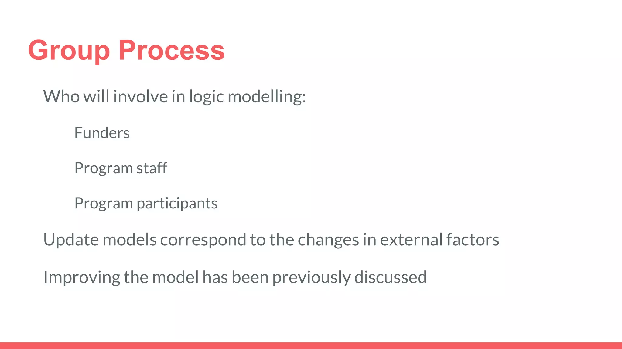 Group Process
Who will involve in logic modelling:
Funders
Program staff
Program participants
Update models correspond to the changes in external factors
Improving the model has been previously discussed
 