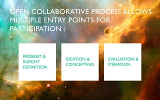OPEN COLLABORATIVE PROCESS ALLOWS
MULTIPLE ENTRY POINTS FOR
PARTICIPATION :	



   PROBLEM & 	

                   IDEATION &	

   EVALUATION &	

   INSIGHT 	

                   CONCEPTING	

   ITERATION	

   DEFINITION	

 