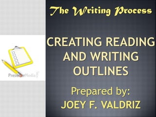 Prepared by:
JOEY F. VALDRIZ
The Writing Process
 