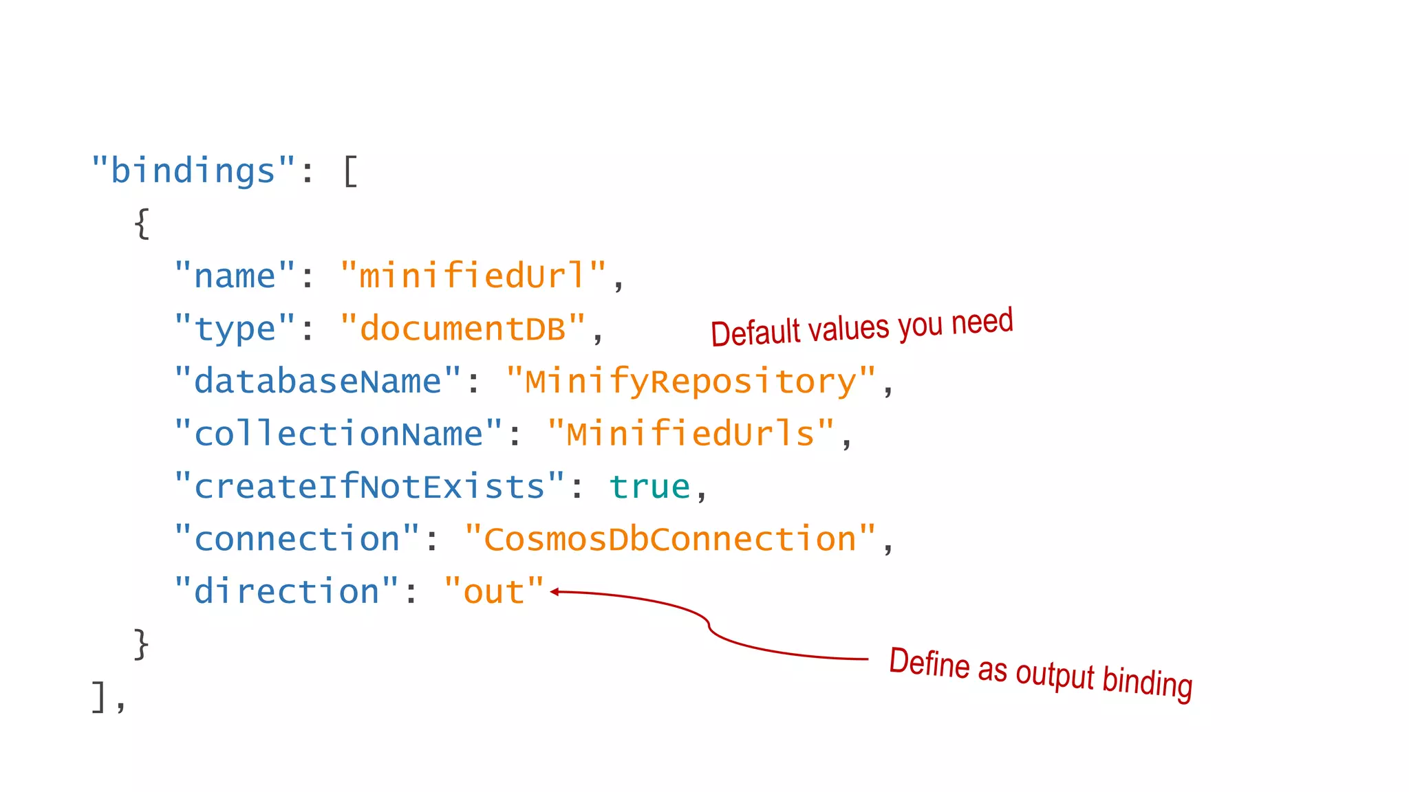 "bindings": [
{
"name": "minifiedUrl",
"type": "documentDB",
"databaseName": "MinifyRepository",
"collectionName": "MinifiedUrls",
"createIfNotExists": true,
"connection": "CosmosDbConnection",
"direction": "out"
}
],
 