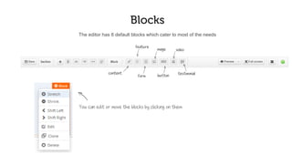 Blocks
The editor has 8 default blocks which cater to most of the needs
content
feature
form
image
button
video
testimonial
You can edit or move the blocks by clicking on them
 