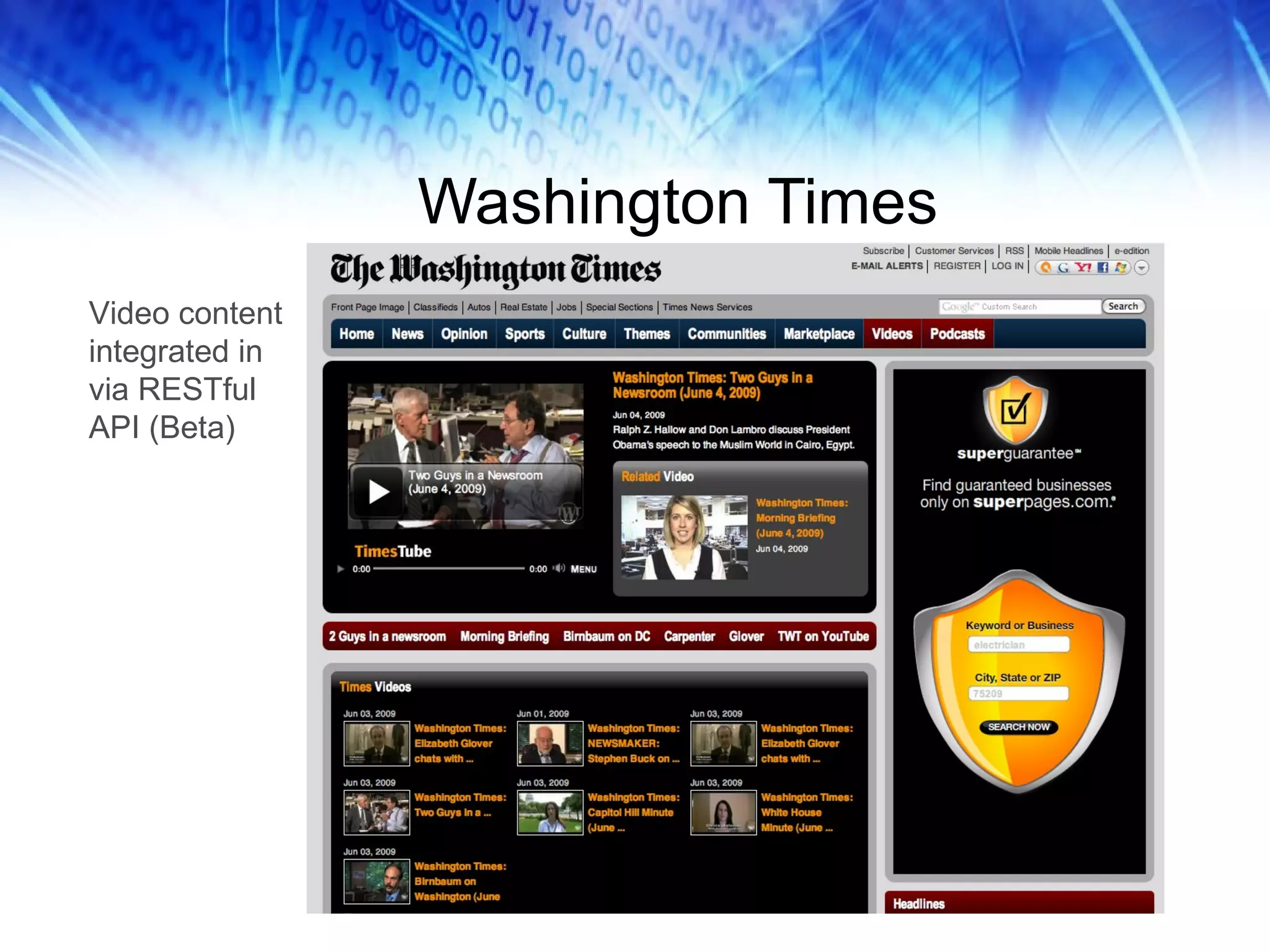 Washington Times Video content integrated in via RESTful API (Beta) 