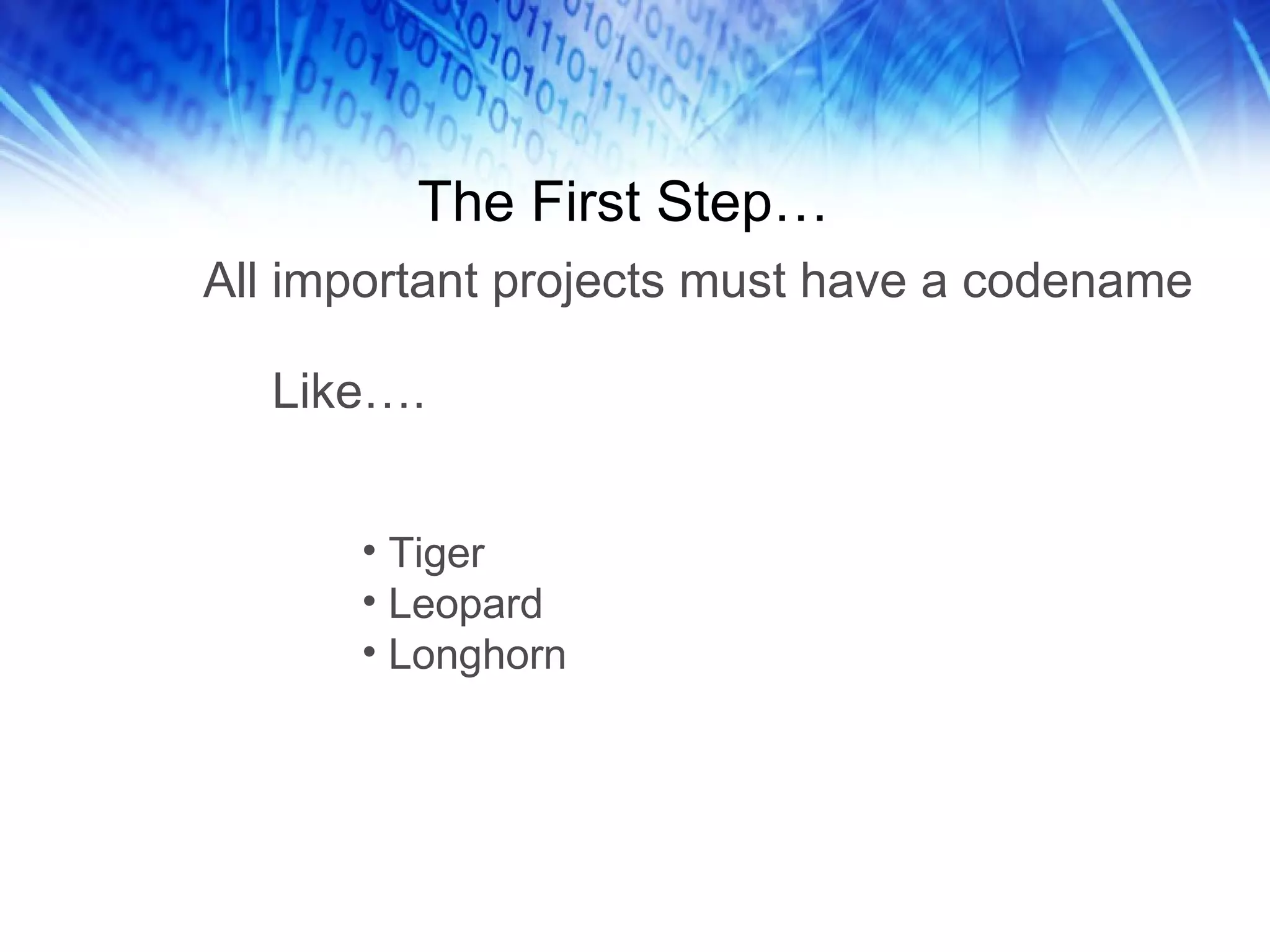 The First Step… All important projects must have a codename Like…. Tiger Leopard Longhorn 