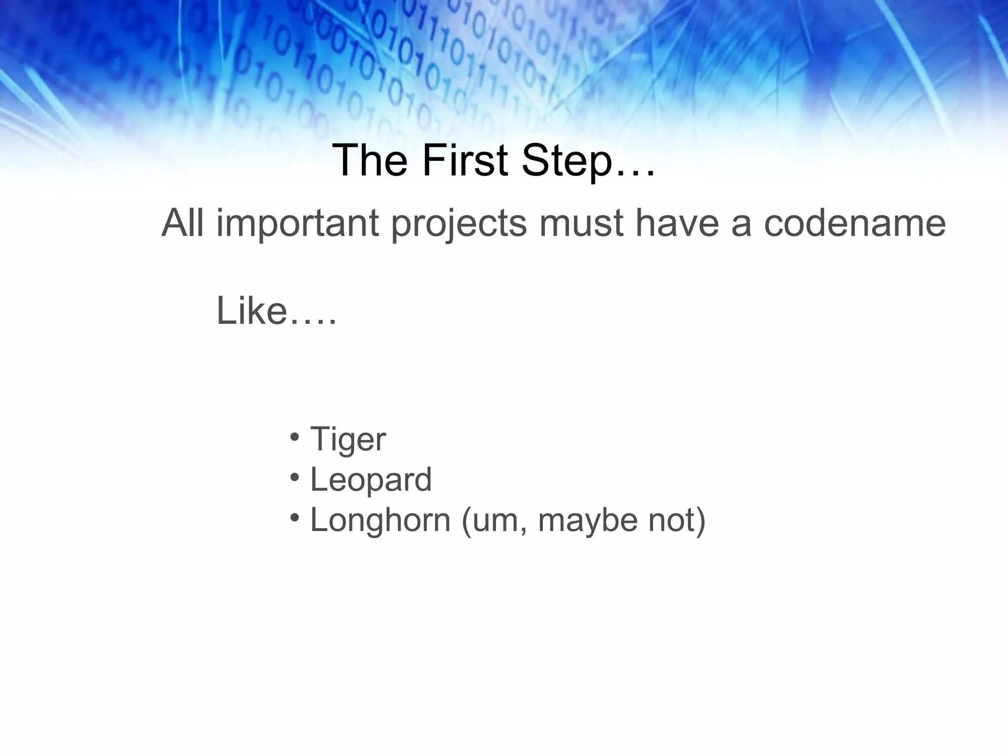 The First Step… All important projects must have a codename Like…. Tiger Leopard Longhorn (um, maybe not) 
