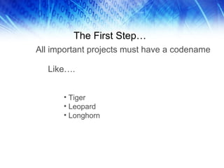 The First Step… All important projects must have a codename Like…. Tiger Leopard Longhorn 
