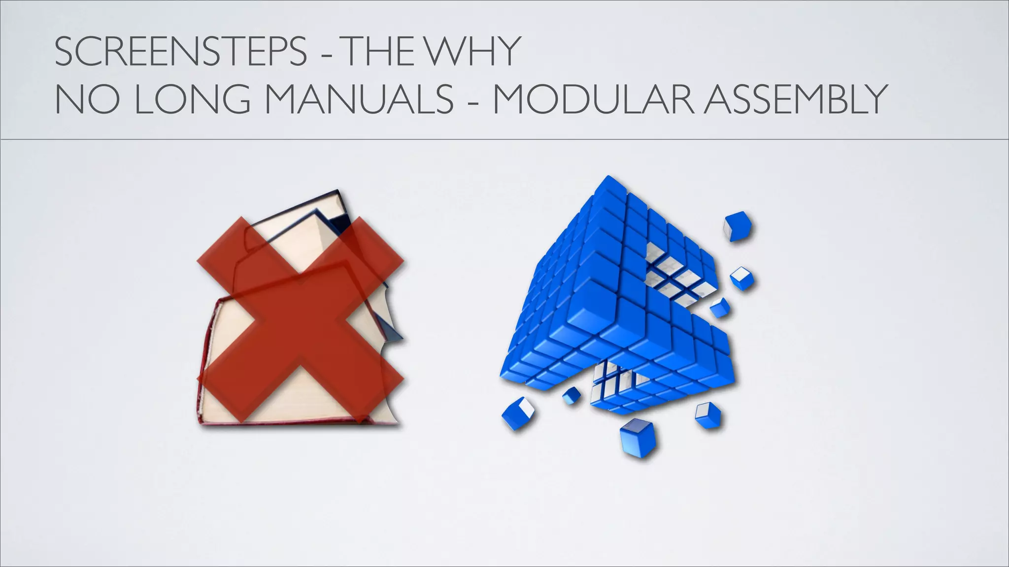 SCREENSTEPS - THE WHY
NO LONG MANUALS - MODULAR ASSEMBLY
 