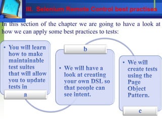In this section of the chapter we are going to have a look at
how we can apply some best practices to tests:
III. Selenium Remote Control best practises
 