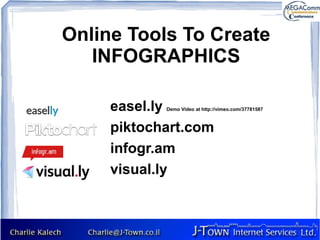 Online Tools To Create
   INFOGRAPHICS

     easel.ly
            Demo Video at http://vimeo.com/37781587



     piktochart.com
     infogr.am
     visual.ly
 
