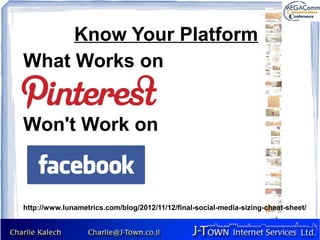 Know Your Platform
What Works on


Won't Work on



http://www.lunametrics.com/blog/2012/11/12/final-social-media-sizing-cheat-sheet/
 