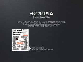 공유 가치 창조
Creating Shared Value
CSV는 Michael Porter, Mark Karmmer 교수의 2011 HBR 에 게재된
‘Creating Shared Value: How to reinvent capitalism’
- 자본주의를 어떻게 치유할 것인가?, 에서 시작
자본주의의 문제점을
개선코자 하는 것에서 CSV 개념 출발
 