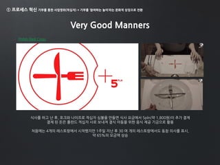 ① 프로세스 혁신 기부를 통한 사업영위(적십자) + 기부를 ‘참여하는 놀이’라는 문화적 상징으로 전환
Very Good Manners
Polish Red Cross
식사를 하고 난 후, 포크와 나이프로 적십자 심볼을 만들면 식사 요금에서 5pln(약 1,800원)이 추가 결제
결제 된 돈은 폴란드 적십자 사로 보내져 결식 아동을 위한 음식 제공 기금으로 활용
처음에는 4개의 레스토랑에서 시작했지만 1주일 지난 후 30 여 개의 레스토랑에서도 동참 의사를 표시,
약 65%의 모금액 상승
 