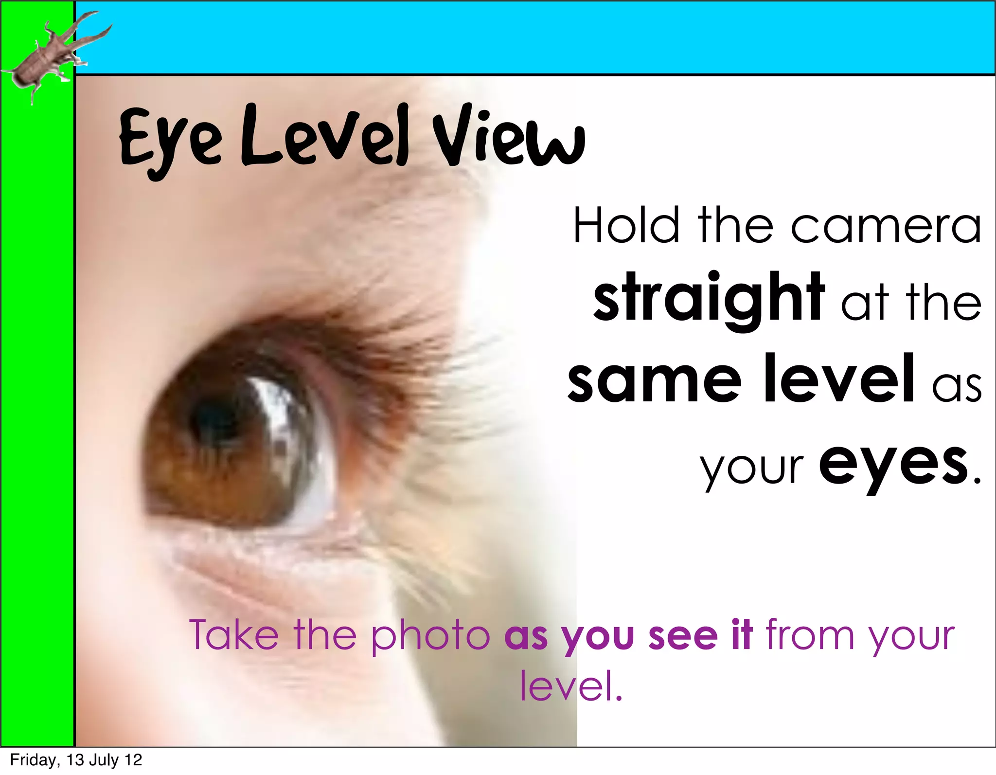 Eye Level View
                                       Hold the camera
                                        straight at the
                                       same level as
                                            your eyes.


                     Take the photo as you see it from your
                                     level.
Friday, 13 July 12
 