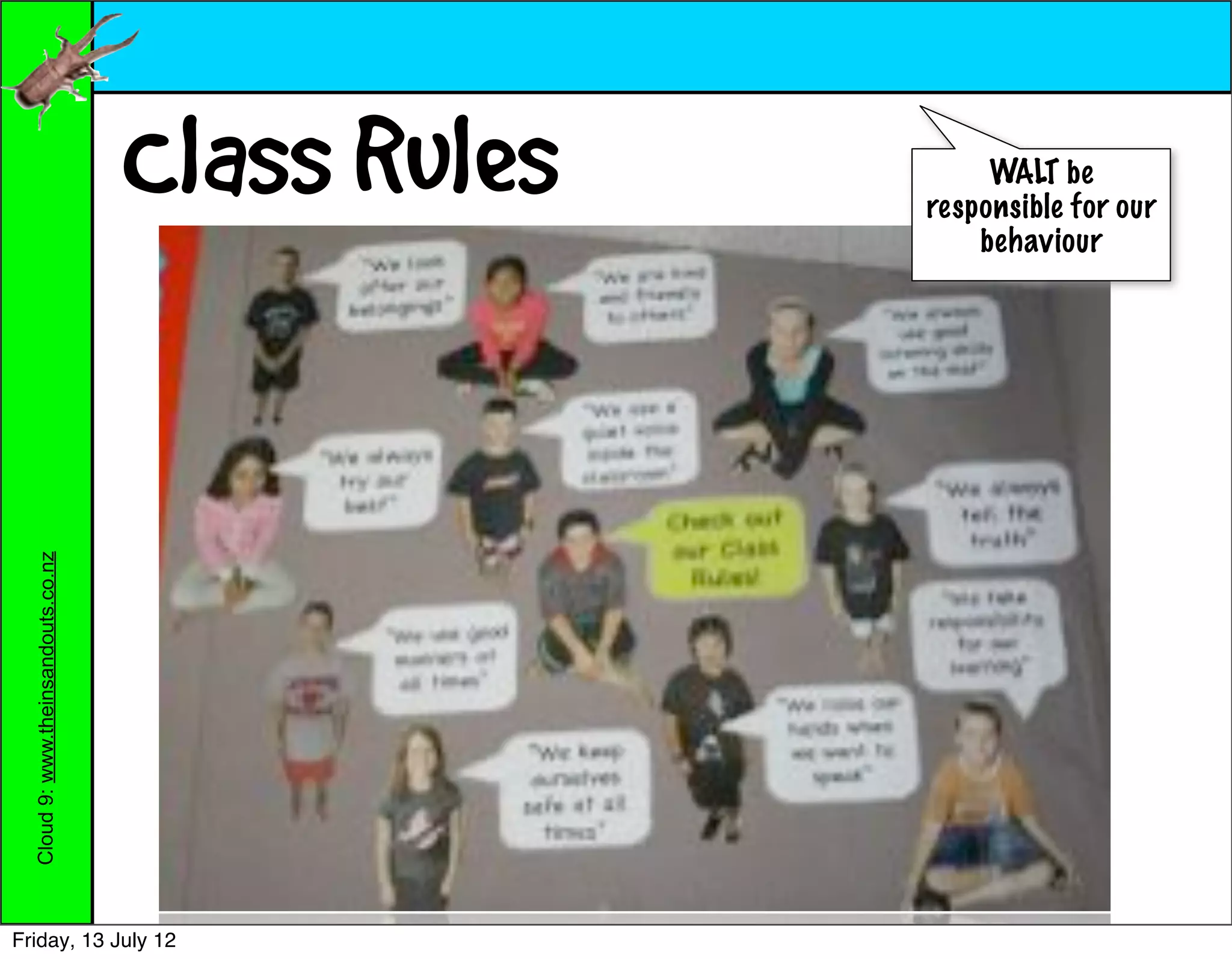 Class Rules        WALT be
                                                   responsible for our
                                                       behaviour
  Cloud 9: www.theinsandouts.co.nz




Friday, 13 July 12
 