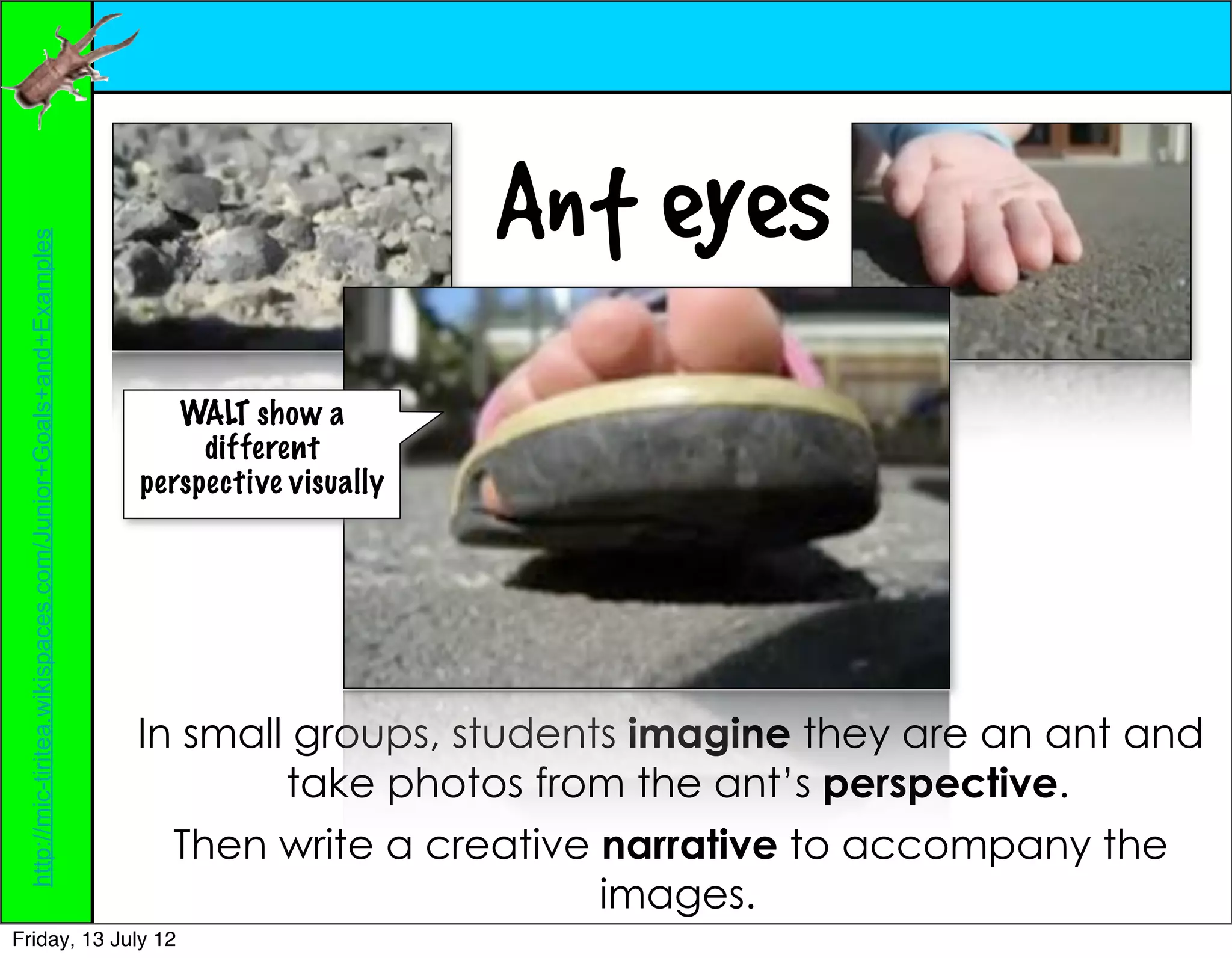 Ant eyes
 http://mic-tiritea.wikispaces.com/Junior+Goals+and+Examples




                                                                  WALT show a
                                                                    different
                                                               perspective visually




                                                               In small groups, students imagine they are an ant and
                                                                       take photos from the ant’s perspective.
                                                                 Then write a creative narrative to accompany the
                                                                                       images.
Friday, 13 July 12
 