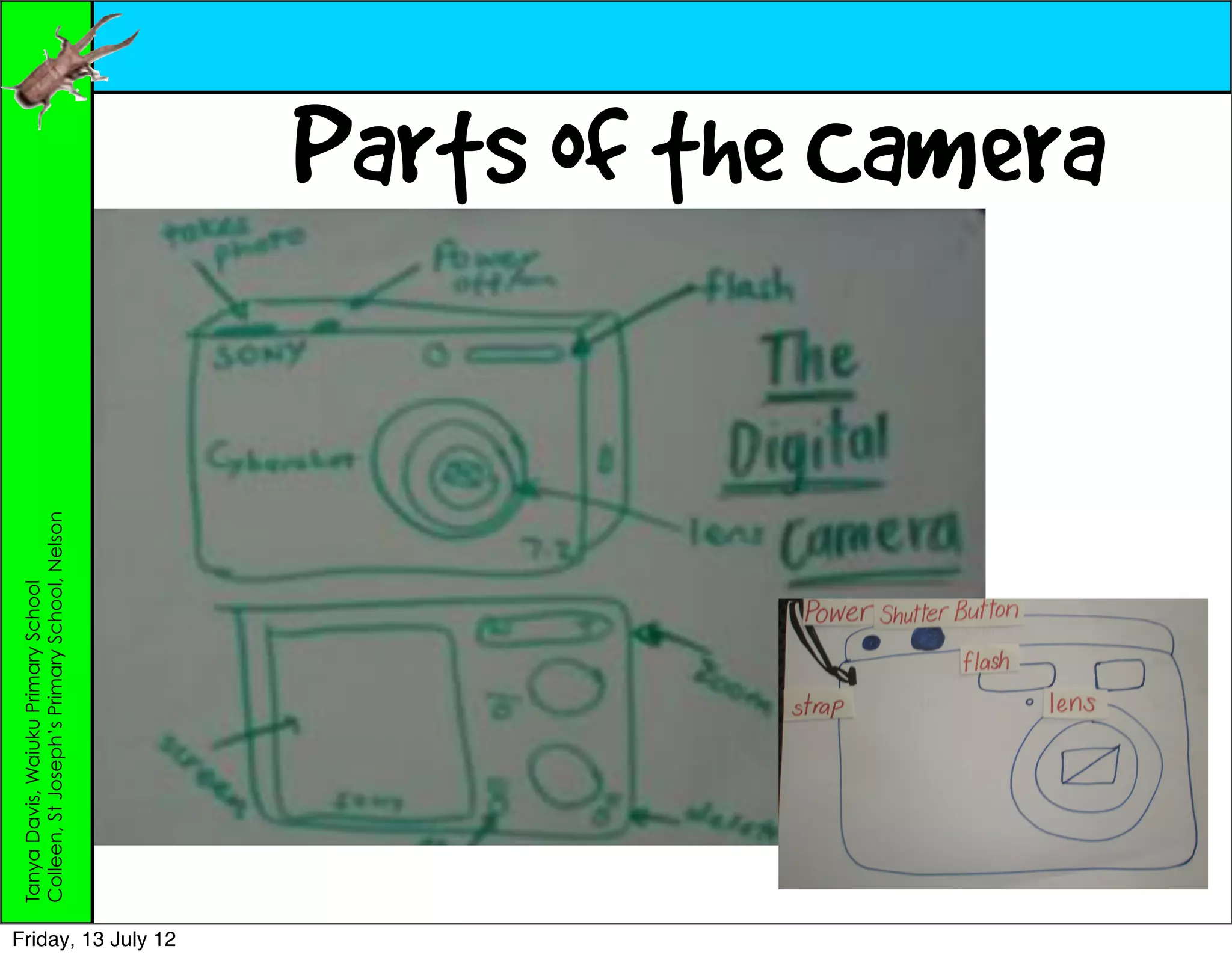 Tanya Davis, Waiuku Primary School
                     Colleen, St Joseph’s Primary School, Nelson




Friday, 13 July 12
                                                                   Parts of the Camera
 