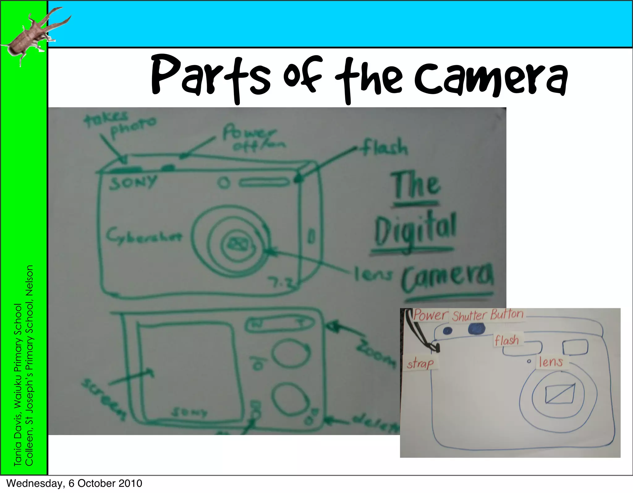 Tania Davis, Waiuku Primary School
                            Colleen, St Joseph’s Primary School, Nelson




Wednesday, 6 October 2010
                                                                          Parts of the Camera
 