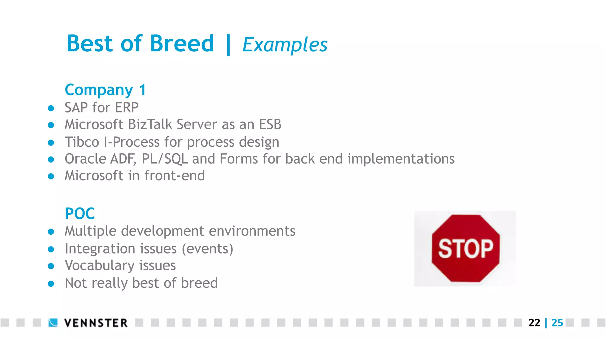 Best of Breed | Examples Company 1 ●  ●  ●  ●  ●  ●  ●  ●  ●  SAP for ERP Microsoft BizTalk Server as an ESB Tibco I-Process for process design Oracle ADF, PL/SQL and Forms for back end implementations Microsoft in front-end POC Multiple development environments Integration issues (events) Vocabulary issues Not really best of breed 22  |  25   
