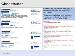 Glass Houses
Click to edit Master title style
                             Glassdoor.com (left) enables employees to
                             review their employer and swap salary
                             information
                             The Consumerist (below) posts complaints
                             from consumers. It gets 1M visits/month
                             and is owned by Consumers Union




 Twitter: @pgillin
 