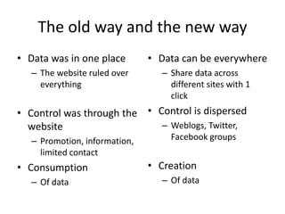 The old way and the new way 
• Data was in one place 
– The website ruled over 
everything 
• Control was through the 
website 
– Promotion, information, 
limited contact 
• Consumption 
– Of data 
• Data can be everywhere 
– Share data across 
different sites with 1 
click 
• Control is dispersed 
– Weblogs, Twitter, 
Facebook groups 
• Creation 
– Of data 
 