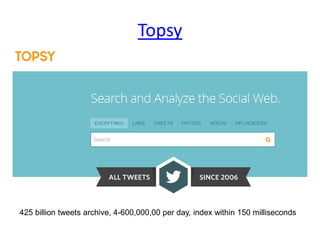 Topsy 
425 billion tweets archive, 4-600,000,00 per day, index within 150 milliseconds 
 
