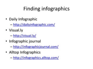 Finding infographics 
• Daily Infographic 
– http://dailyinfographic.com/ 
• Visual.ly 
– http://visual.ly/ 
• Infographic journal 
– http://infographicjournal.com/ 
• Alltop Infographics 
– http://infographics.alltop.com/ 
 