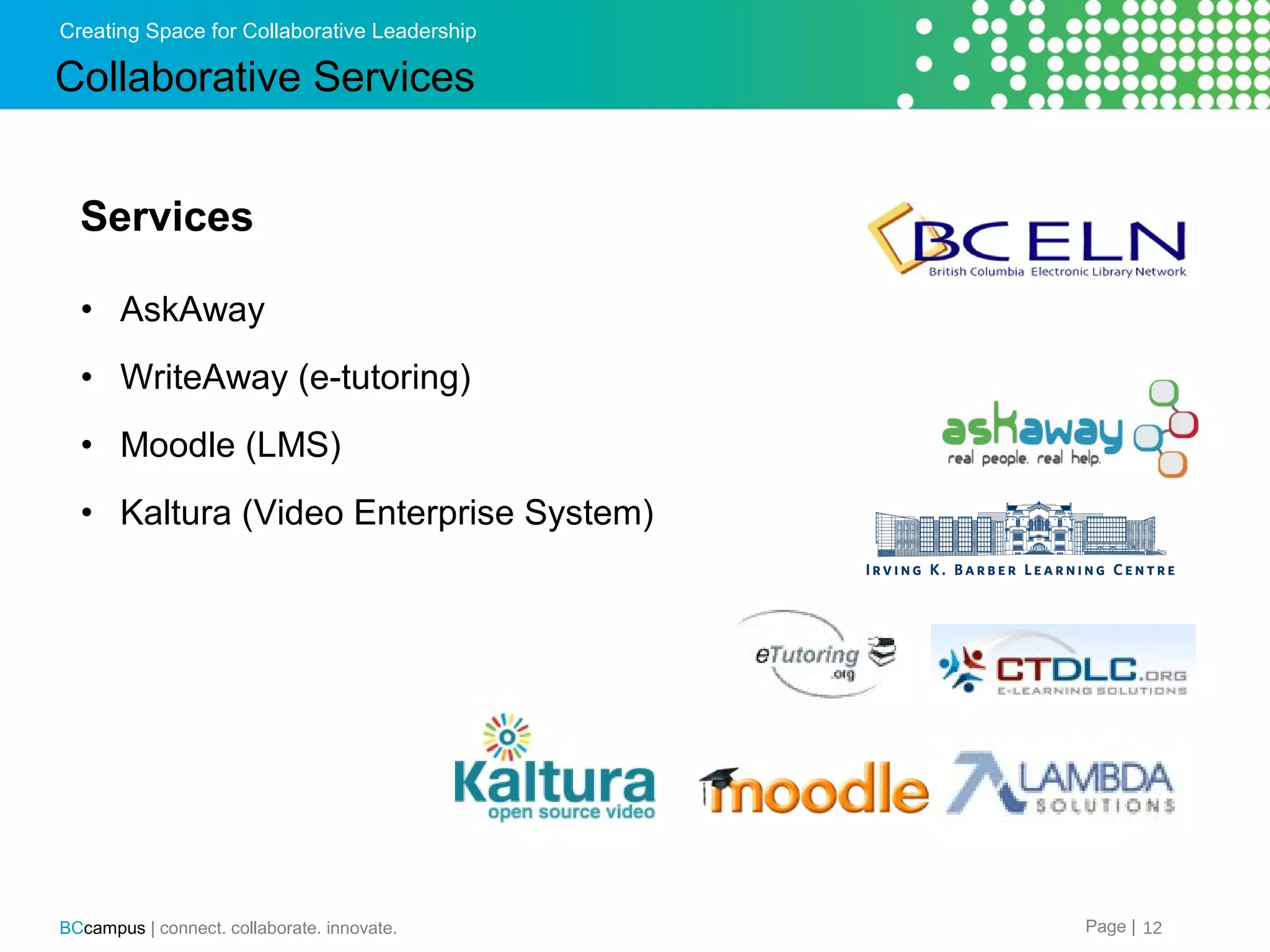 Creating Space for Collaborative Leadership

Collaborative Services
Services
&bull; AskAway
&bull; WriteAway (e-tutoring)
&bull; Moodle (LMS)
&bull; Kaltura (Video Enterprise System)

BCcampus | connect. collaborate. innovate.

Page | 12

 